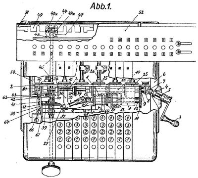 Divisionsvorrichtung mit Differentialgetriebe 13, Antriebswelle 10,<br>Korrekturwelle 15 und Sperrglied 27 (aus dem Patent DE499259)